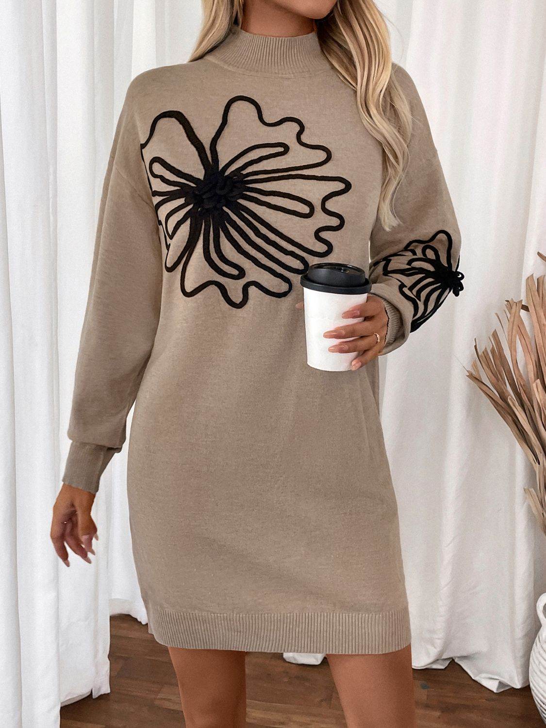 Perfee Flower Mock Neck Long Sleeve Sweater Dress for a perfect OOTD – dress to impress outfits from Amexza