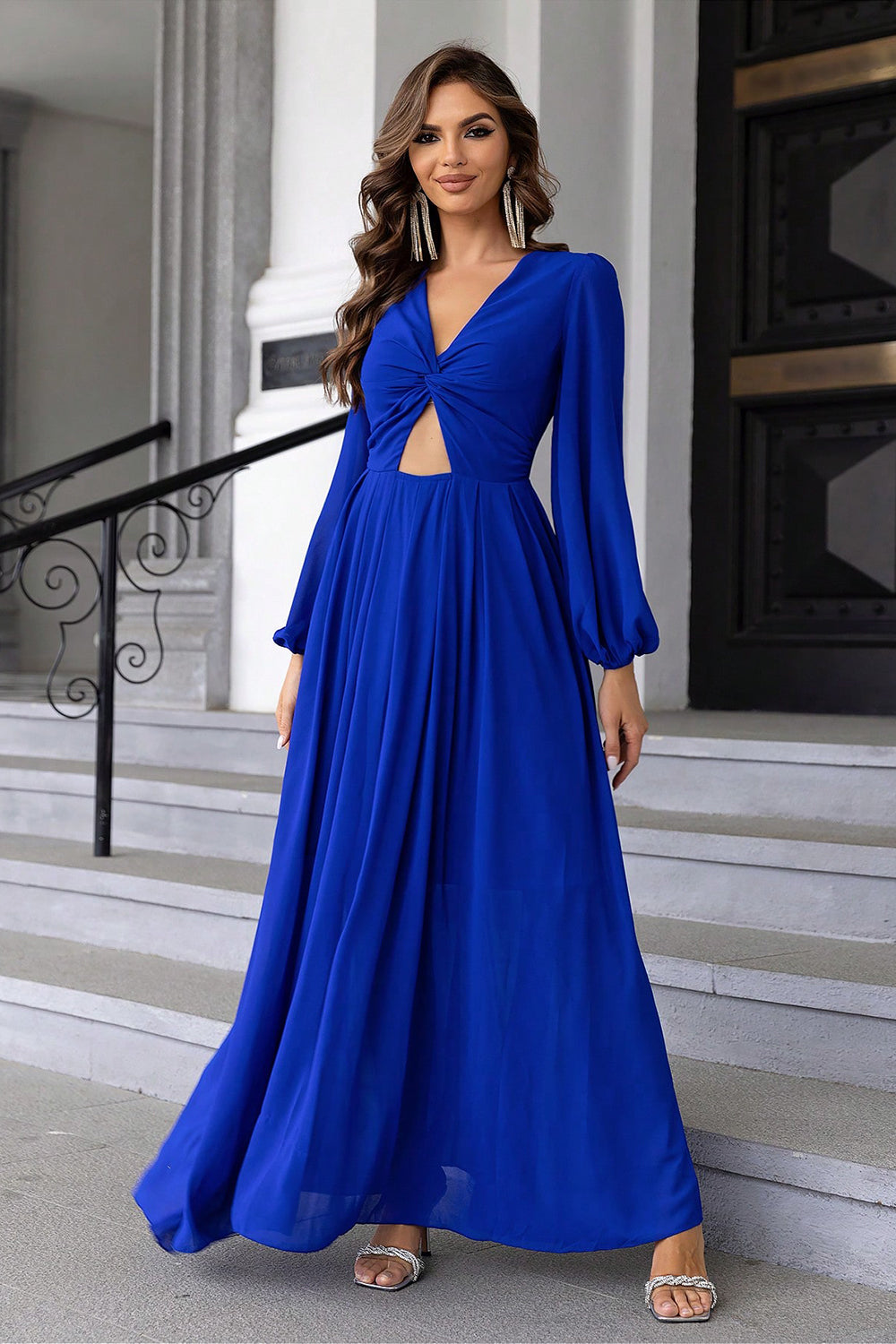 Twist Front Cutout Long Sleeve Dress Royal Blue for a perfect OOTD – dress to impress outfits from Amexza