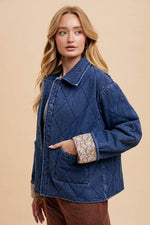 Annie Wear Quilted Printed Lining Snap Down Denim Jacket - Amexza