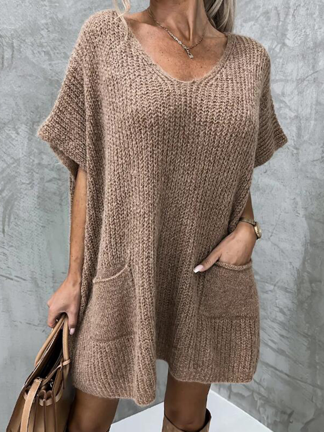 V-Neck Short Sleeve Sweater with Pockets Taupe for a perfect OOTD – dress to impress outfits from Amexza