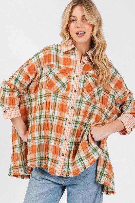 SAGE + FIG Side Slit Plaid Button Down Long Sleeve Shirt Savanna for a perfect OOTD – dress to impress outfits from Amexza