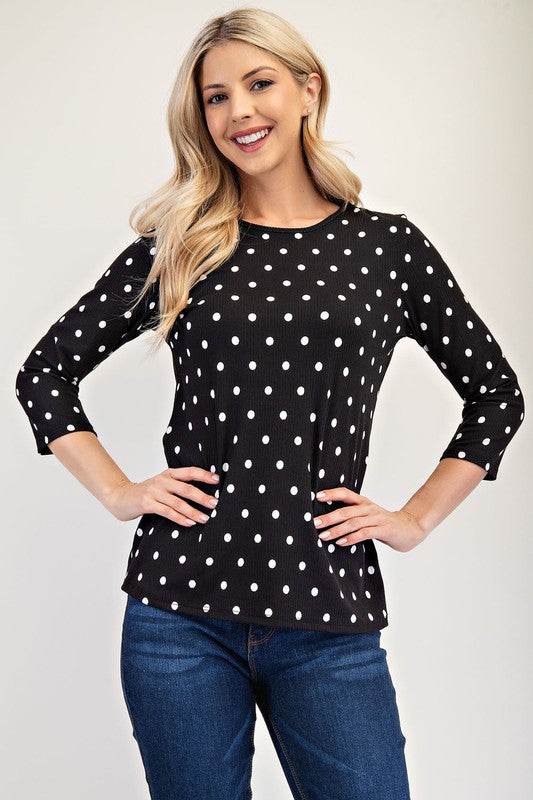 Celeste Full Size Polka Dot Round Neck Three-Quarter Sleeve T-Shirt Black for a perfect OOTD – dress to impress outfits from Amexza