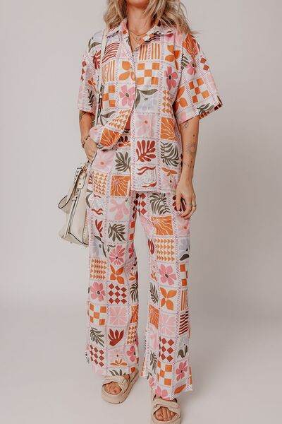 Printed Collared Neck Shirt and Wide Leg Pants Set for a perfect OOTD – dress to impress outfits from Amexza