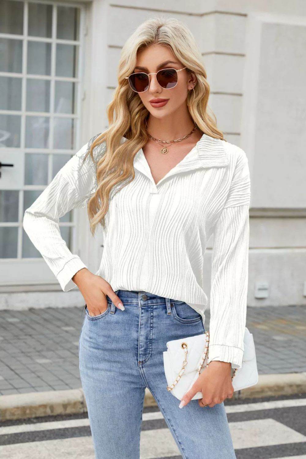 Texture Collared Neck Long Sleeve Blouse White for a perfect OOTD – dress to impress outfits from Amexza