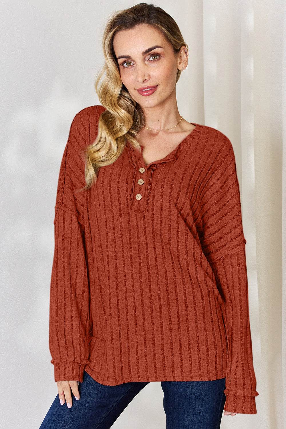 Basic Bae Full Size Ribbed Half Button Long Sleeve T-Shirt Rust for a perfect OOTD – dress to impress outfits from Amexza