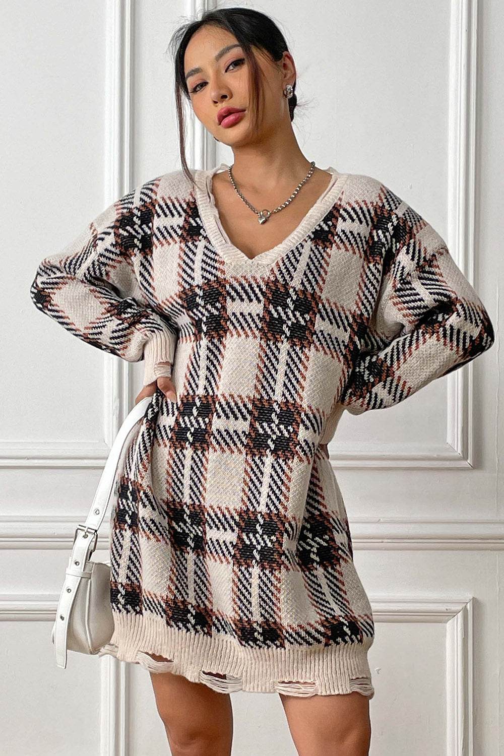 Plaid V-Neck Long Sleeve Sweater Dress Pastel Yellow One Size for a perfect OOTD – dress to impress outfits from Amexza