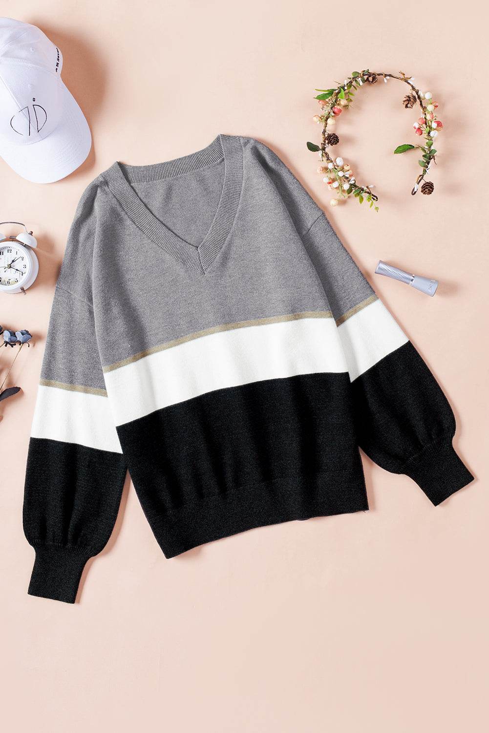 Color Block V Neck Long Sleeve Sweater for a perfect OOTD – dress to impress outfits from Amexza