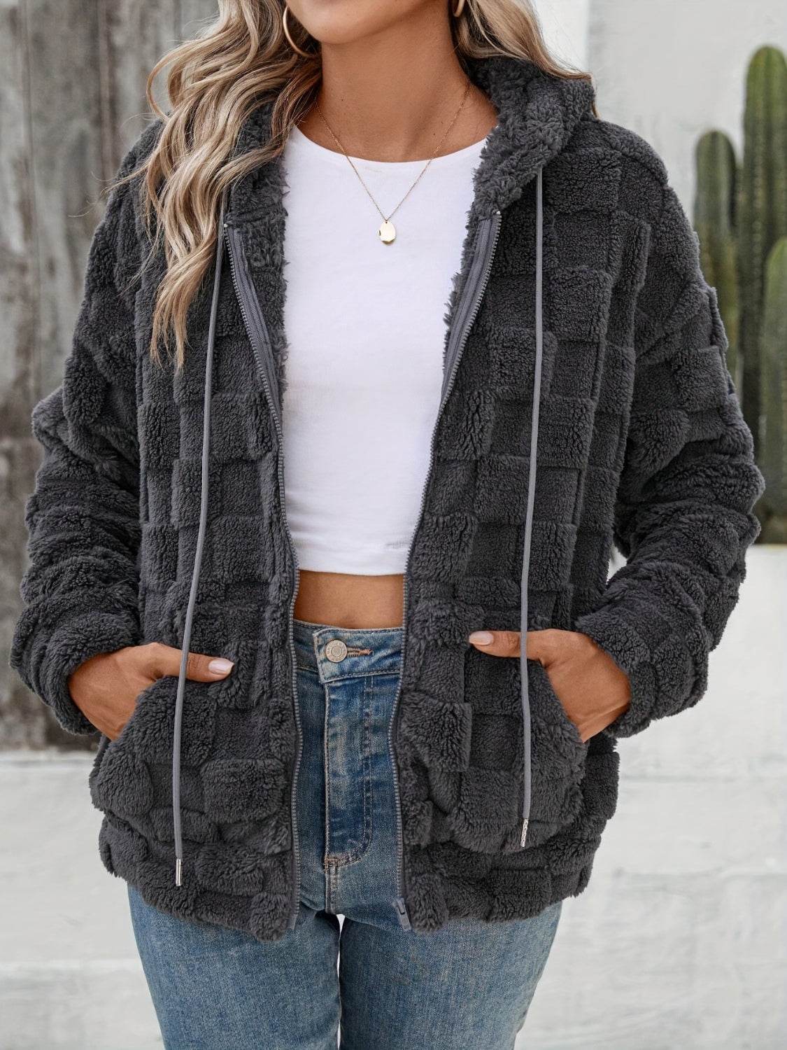 Checkered Texture Zip Up Drawstring Fuzzy Jacket Dark Gray for a perfect OOTD – dress to impress outfits from Amexza