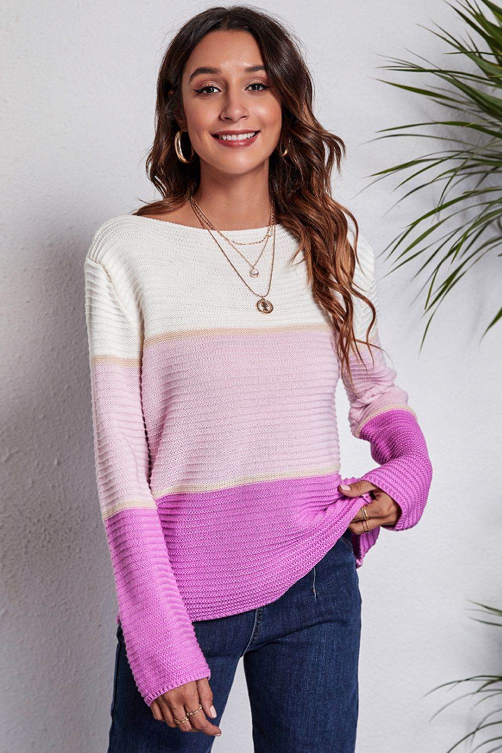 Color Block Horizontal Ribbing Sweater Pink for a perfect OOTD – dress to impress outfits from Amexza