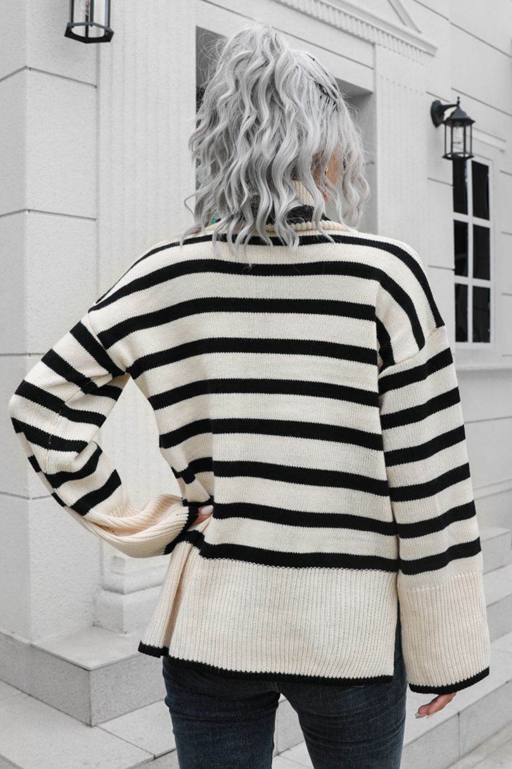 Striped Turtleneck Drop Shoulder Sweater for a perfect OOTD – dress to impress outfits from Amexza