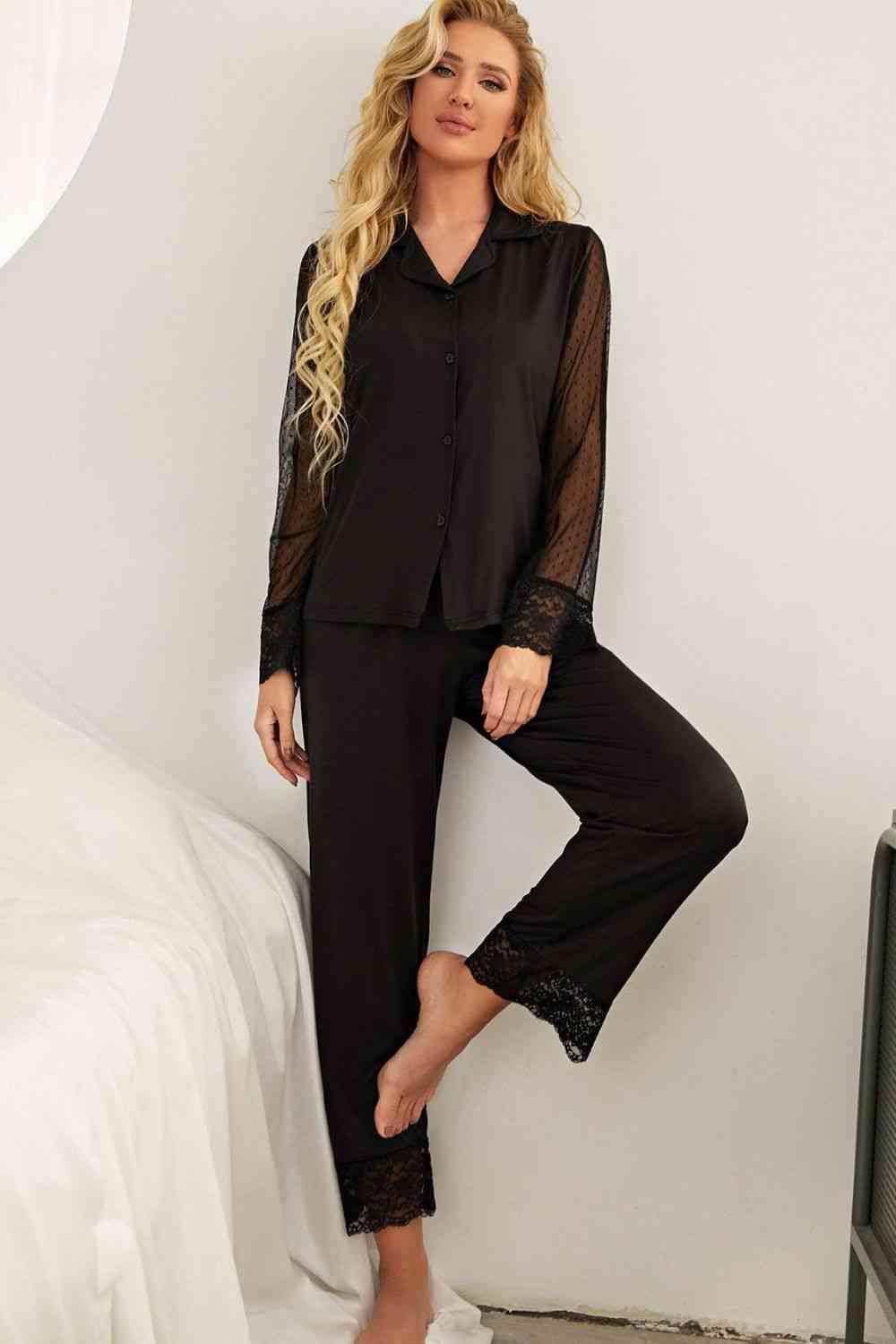 Spliced Lace Lapel Collar Pajama Set Black for a perfect OOTD – dress to impress outfits from Amexza