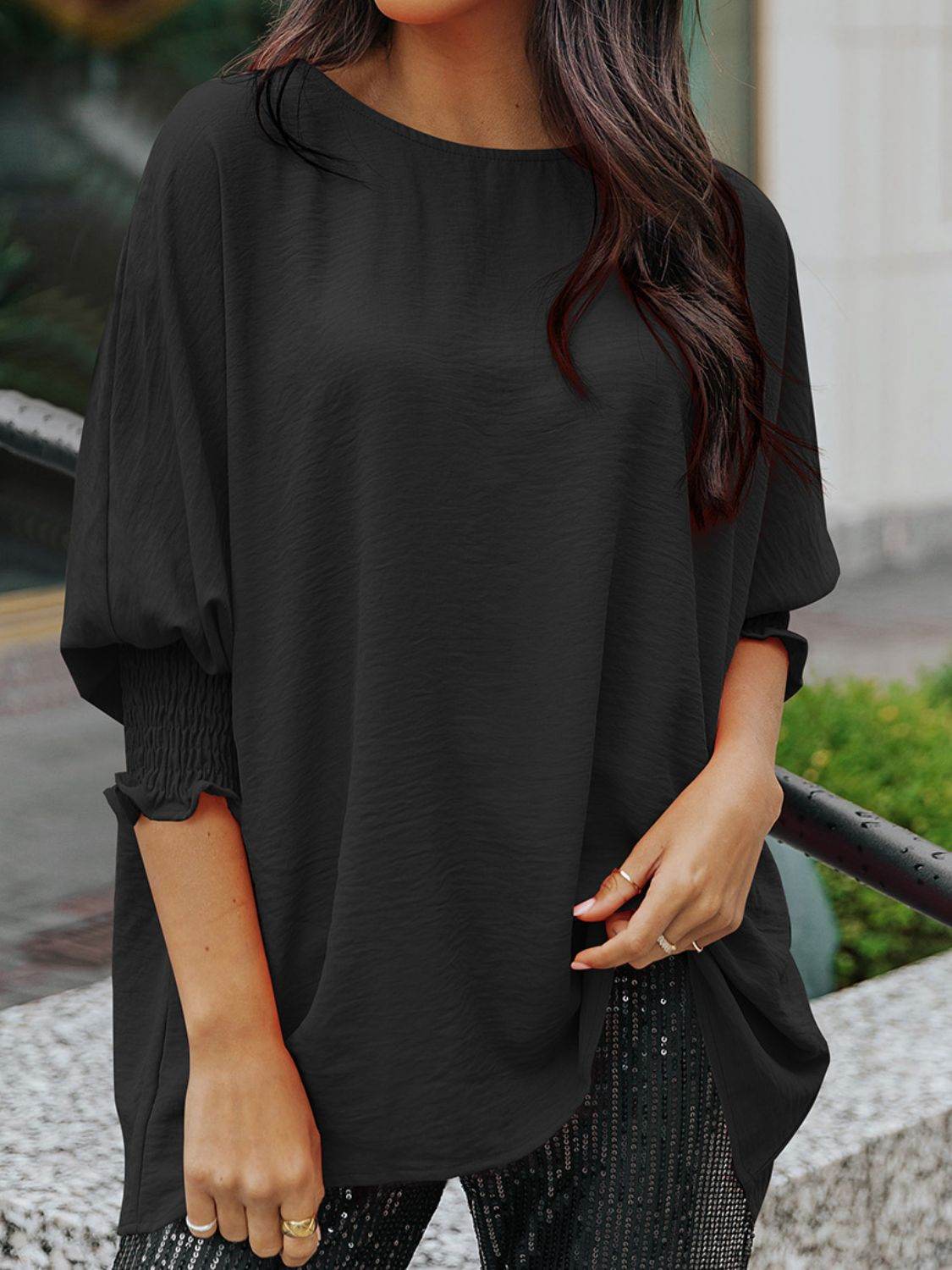 Boat Neck Three-Quarter Sleeve Blouse Black for a perfect OOTD – dress to impress outfits from Amexza