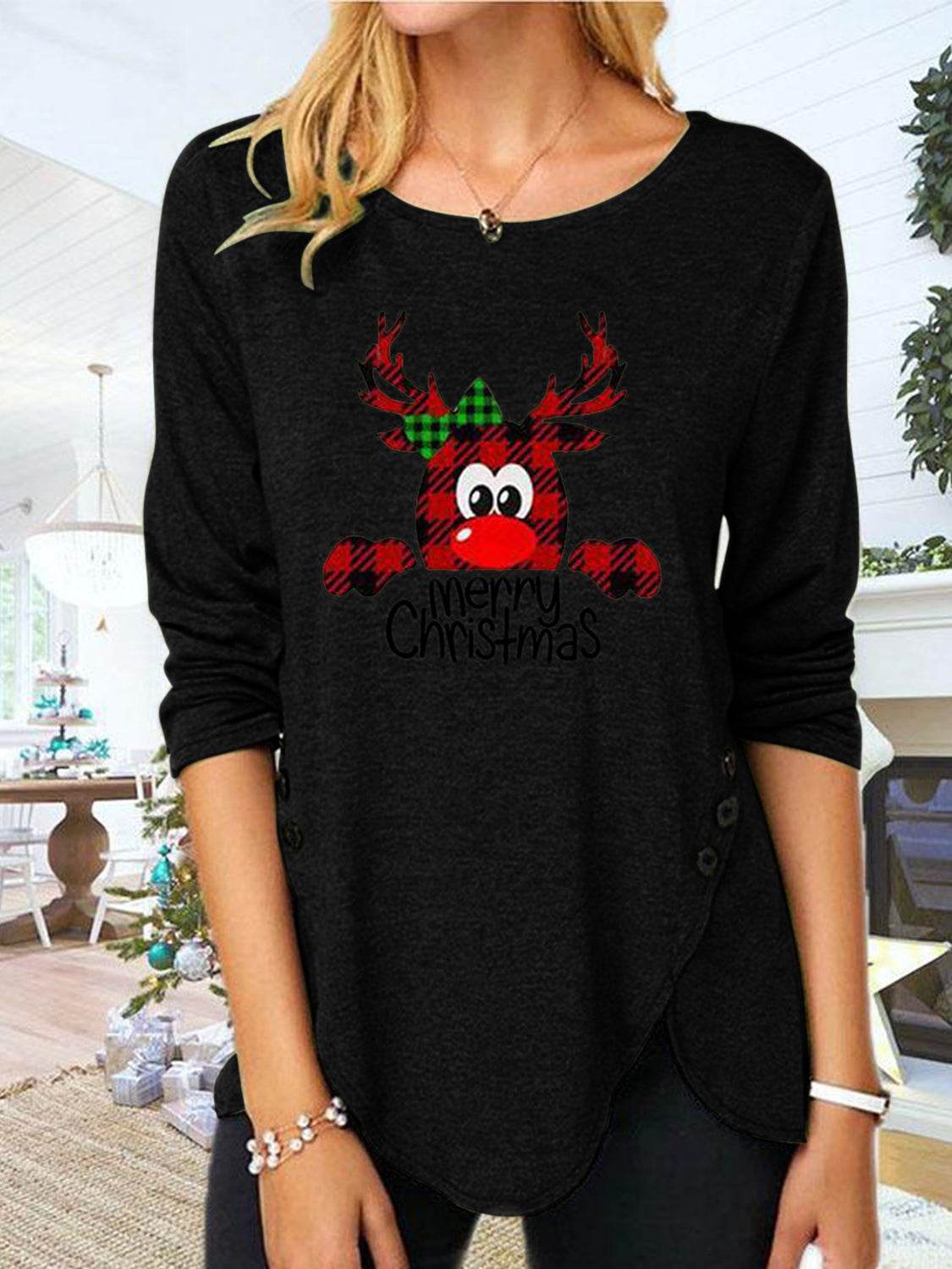 Full Size Reindeer Round Neck Long Sleeve T-Shirt Black for a perfect OOTD – dress to impress outfits from Amexza