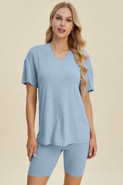 Basic Bae Full Size Ribbed V-Neck Short Sleeve Top and Shorts Set Light Blue for a perfect OOTD – dress to impress outfits from Amexza