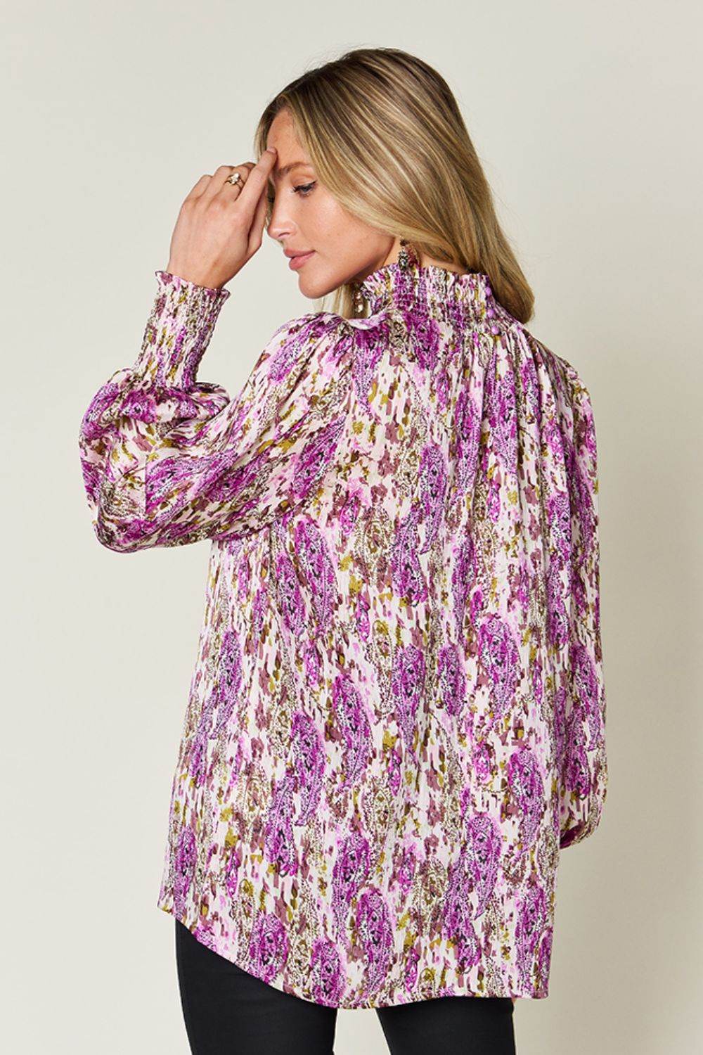 Double Take Full Size Printed Smocked Long Sleeve Blouse for a perfect OOTD – dress to impress outfits from Amexza