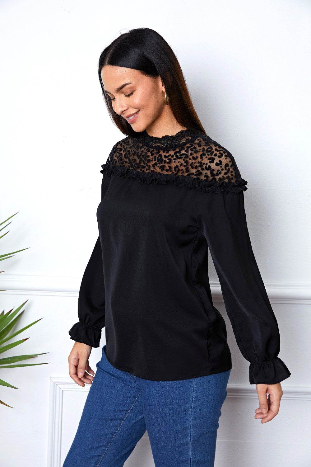 Leopard Frill Flounce Sleeve Blouse - Amexza
