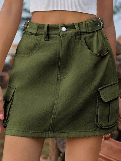 Adjustable Waist Denim Skirt with Pockets Army Green for a perfect OOTD – dress to impress outfits from Amexza