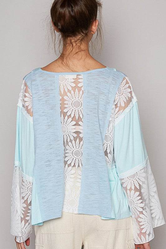 POL Lace Detail V-Neck Flare Sleeve Blouse - Amexza