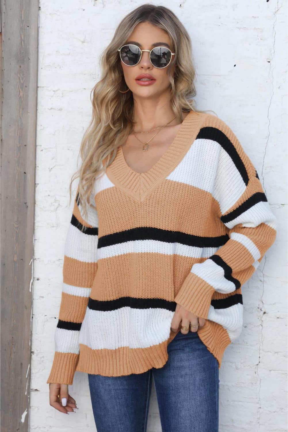 Color Block V-Neck Dropped Shoulder Sweater Tan One Size for a perfect OOTD – dress to impress outfits from Amexza