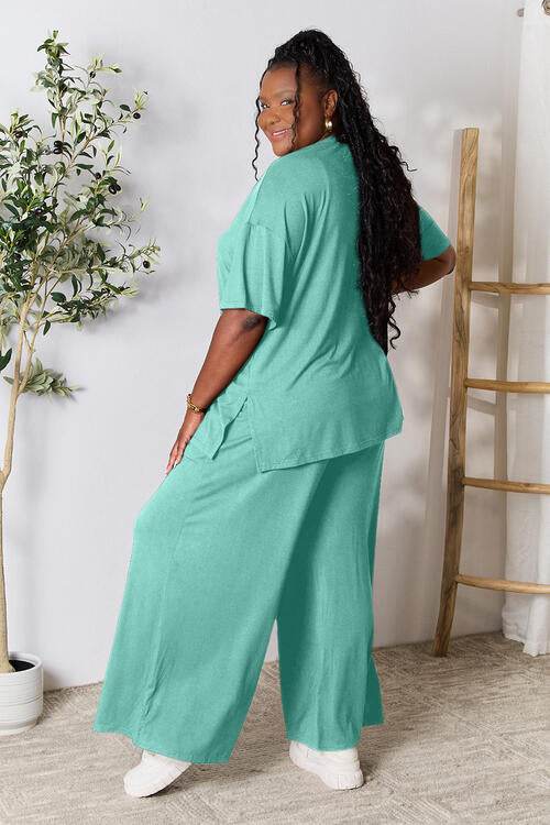 Double Take Full Size Round Neck Slit Top and Pants Set for a perfect OOTD – dress to impress outfits from Amexza