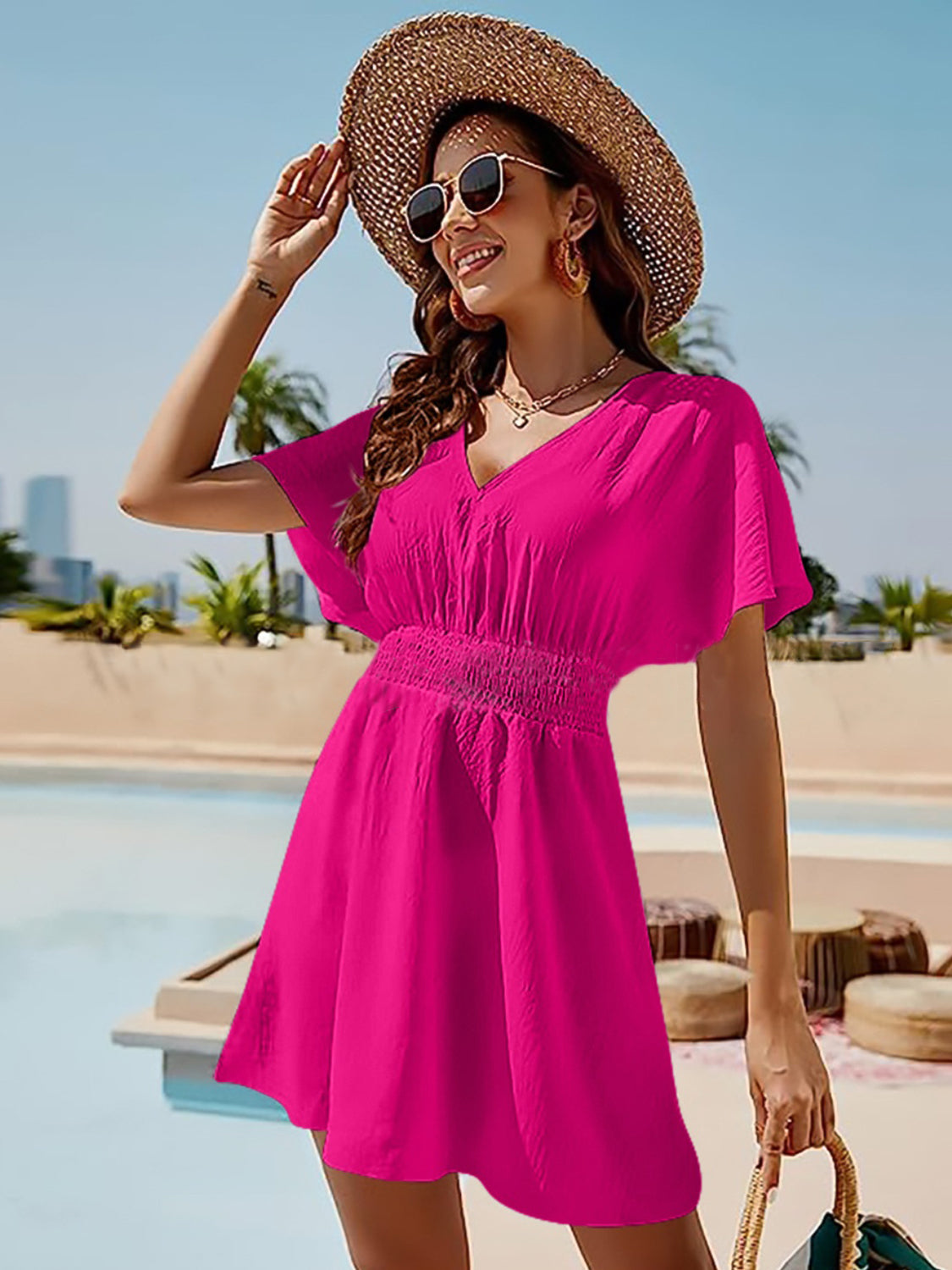 Smocked V-Neck Short Sleeve Dress - Hot Pink / S