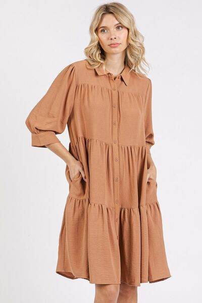 Mittoshop Button Detail Collared Neck Tiered Shirt Dress Ochre for a perfect OOTD – dress to impress outfits from Amexza