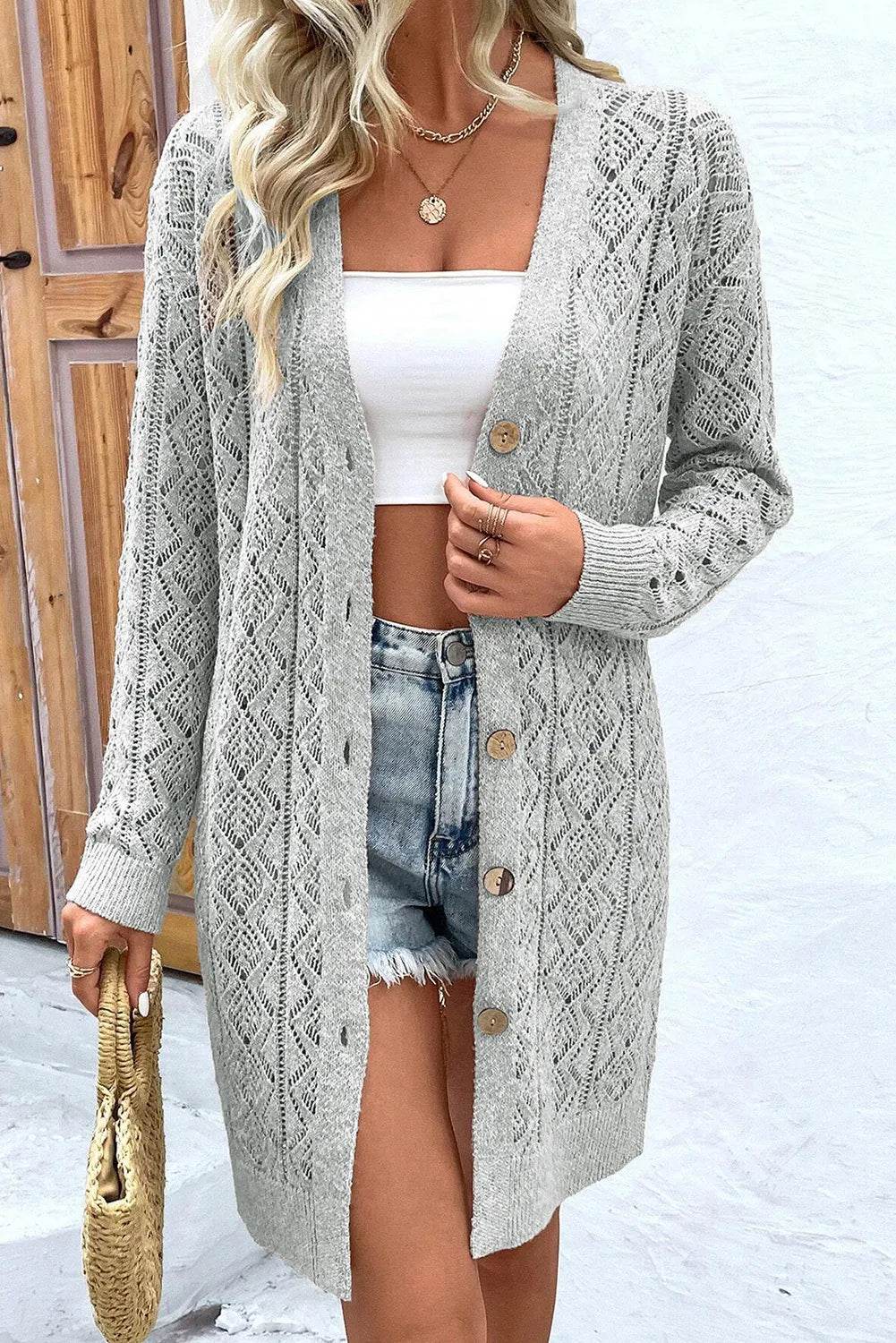 Openwork Button Down Long Sleeve Cardigan - Amexza