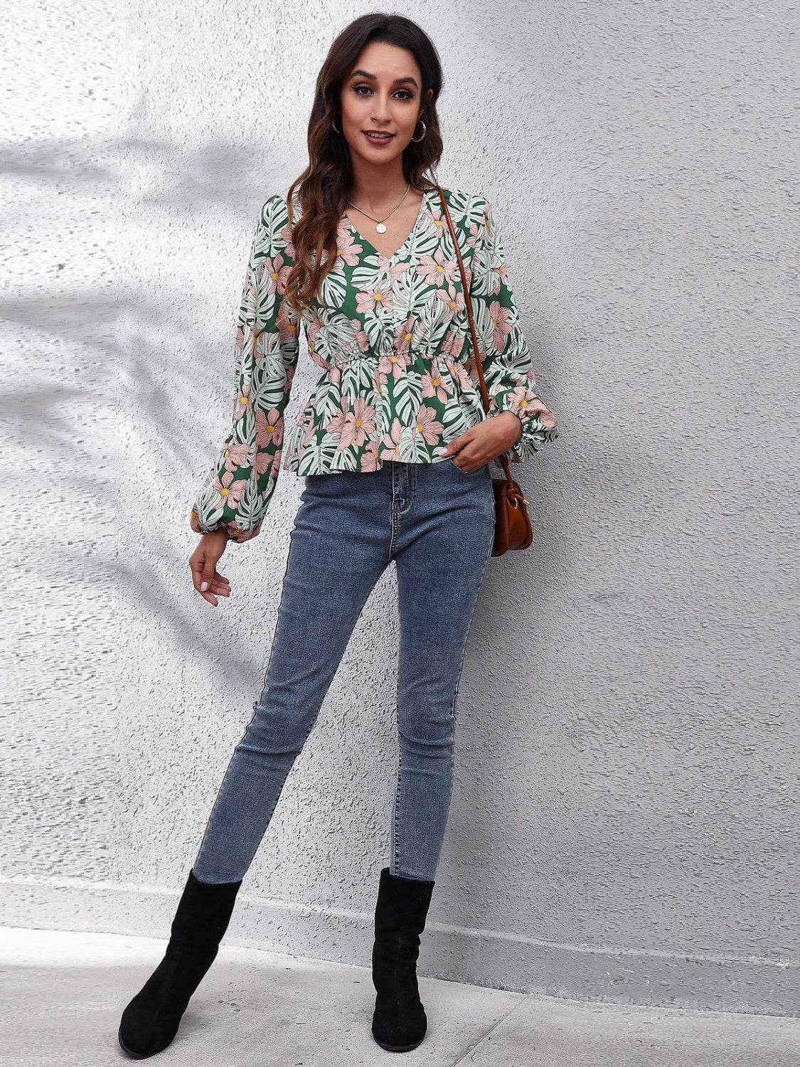 Floral V-Neck Balloon Sleeve Peplum Blouse - Amexza