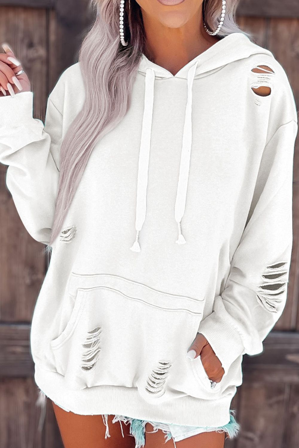 Distressed Drawstring Long Sleeve Hoodie White for a perfect OOTD – dress to impress outfits from Amexza