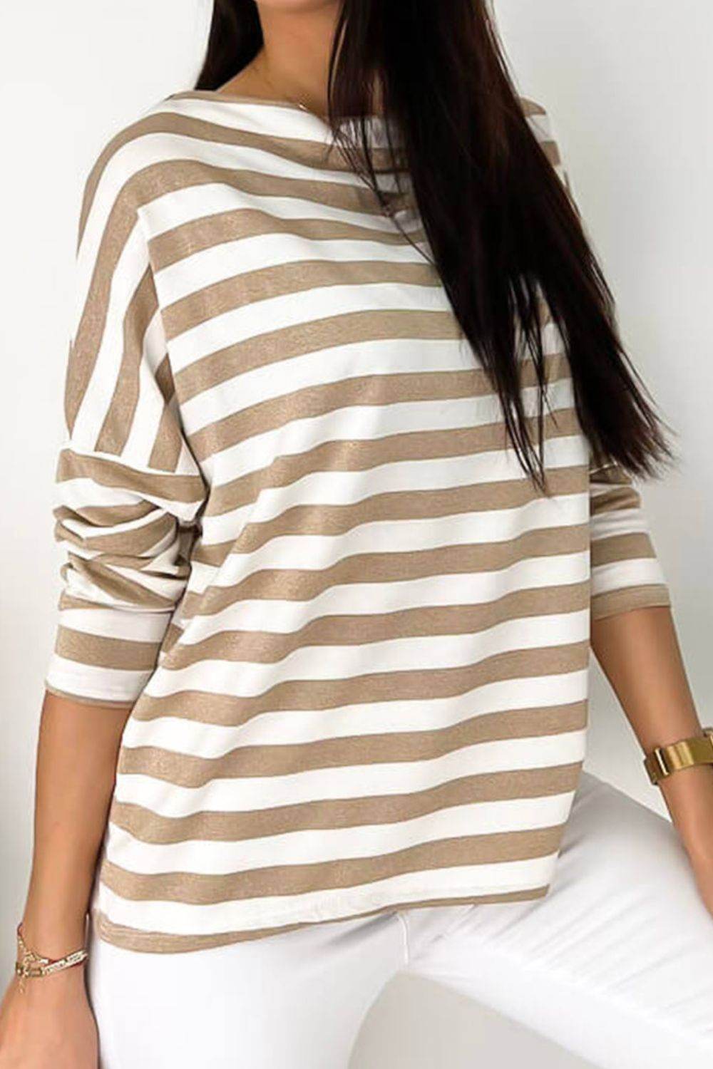 Striped Round Neck Long Sleeve Blouse for a perfect OOTD – dress to impress outfits from Amexza