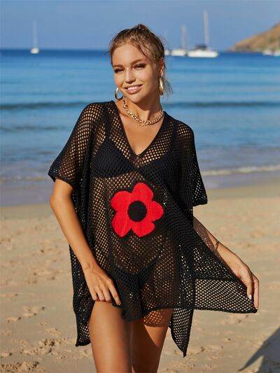 Angel Wings Openwork Flower V-Neck Short Sleeve Cover Up for a perfect OOTD – dress to impress outfits from Amexza