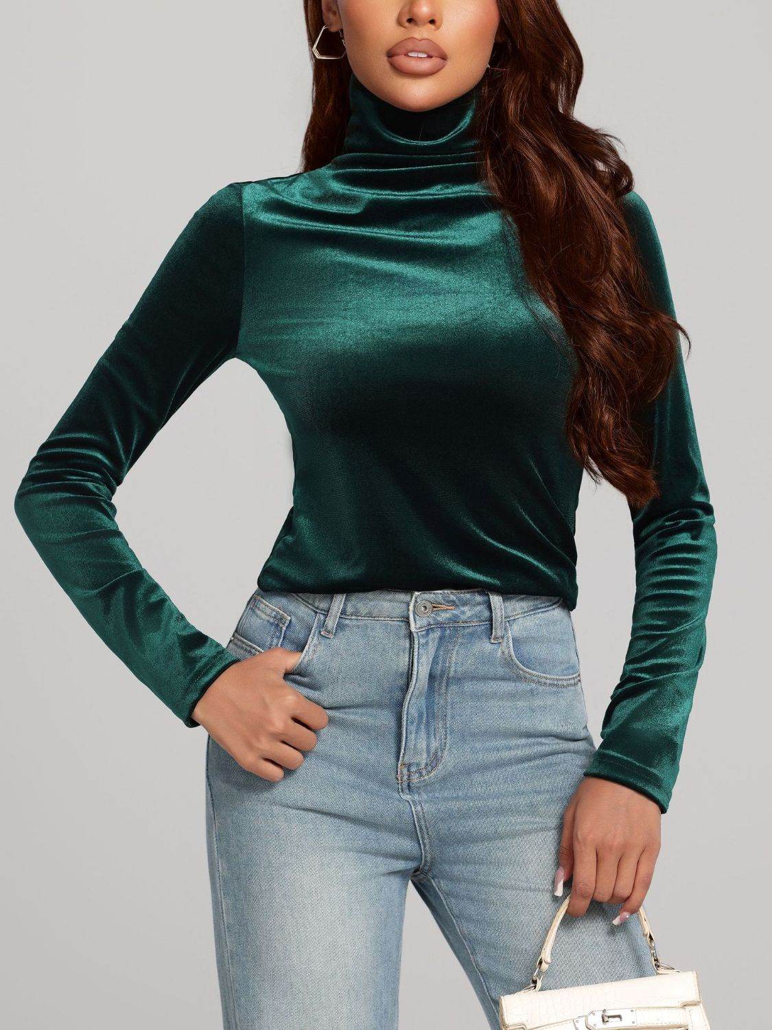 Solid Color Turtleneck Long Sleeve Top for a perfect OOTD – dress to impress outfits from Amexza