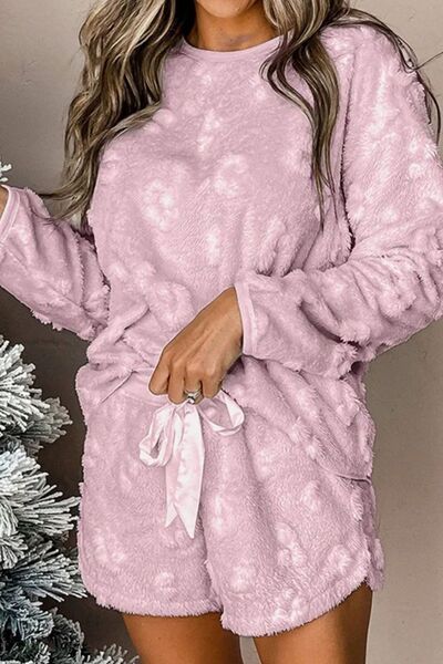 Round Neck Long Sleeve Top and Shorts Lounge Set Pink Purple for a perfect OOTD – dress to impress outfits from Amexza