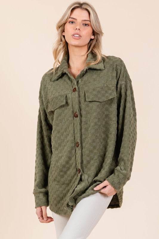 BOMBOM Checkered Button Down Dropped Shoulder Shacket - Amexza
