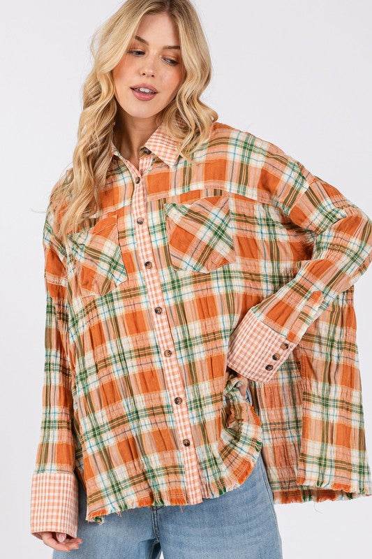 SAGE + FIG Side Slit Plaid Button Down Long Sleeve Shirt for a perfect OOTD – dress to impress outfits from Amexza