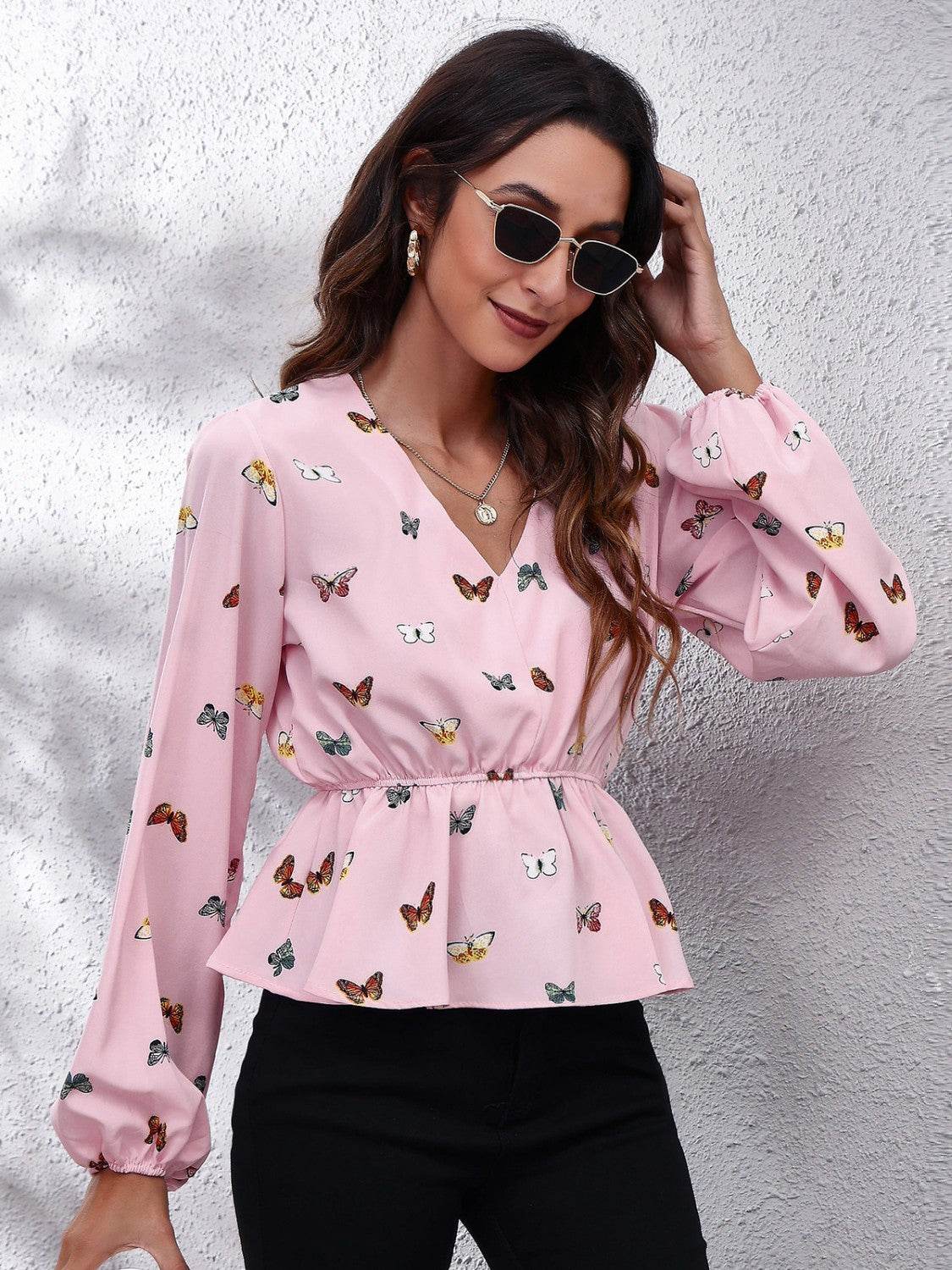 Butterfly V-Neck Balloon Sleeve Peplum Blouse - Amexza