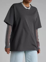 Faux Layered Round Neck Mesh Sleeve Top - Amexza