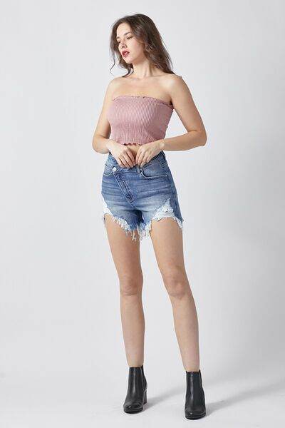 RISEN Raw Hem Asymmetrical Waist Denim Shorts for a perfect OOTD – dress to impress outfits from Amexza