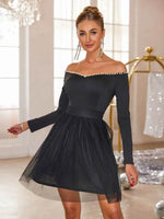 Pearl Trim Mesh Hem Off Shoulder Dress for a perfect OOTD – dress to impress outfits from Amexza