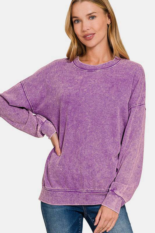 Zenana Washed Round Neck Dropped Shoulder Sweatshirt for a perfect OOTD – dress to impress outfits from Amexza