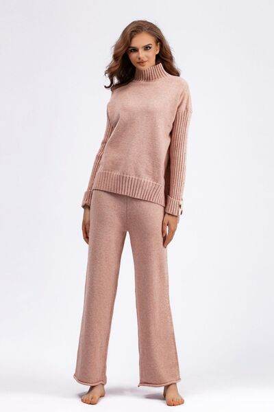 Basic Bae High- Low Turtleneck Long Sleeve Top and Pants Sweater Set Apricot One Size for a perfect OOTD – dress to impress outfits from Amexza