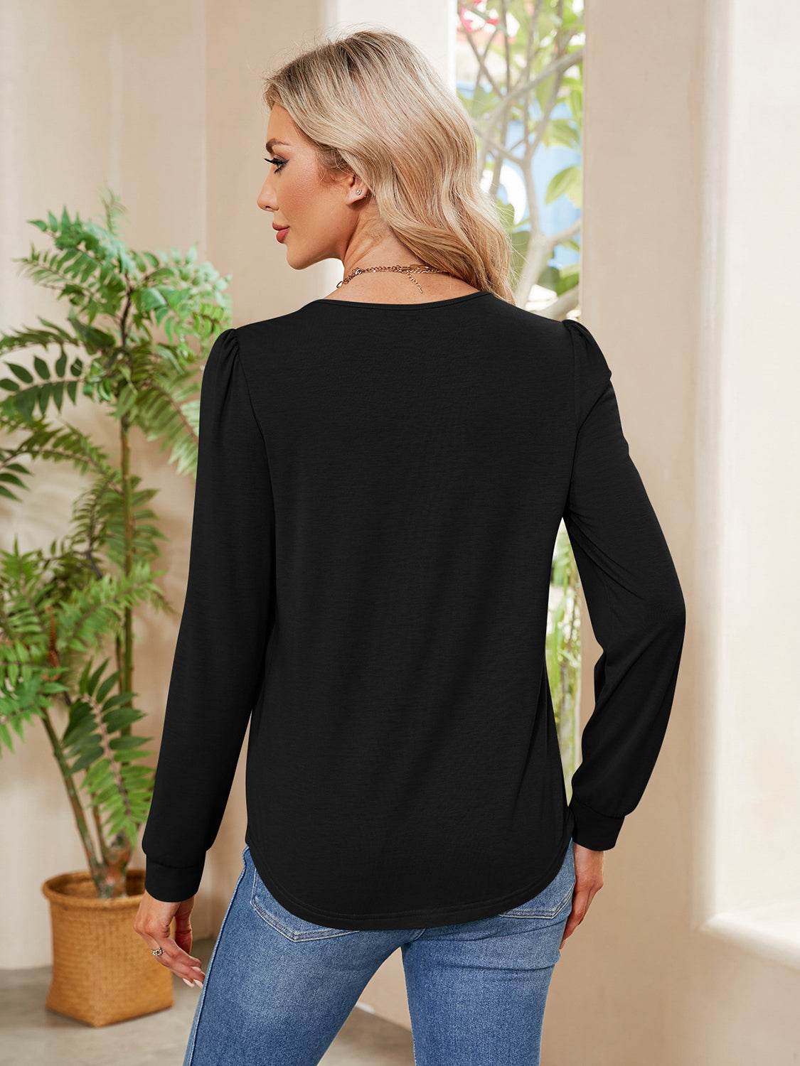 Ruched Round Neck Long Sleeve Blouse for a perfect OOTD – dress to impress outfits from Amexza