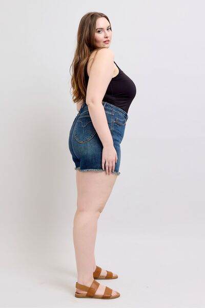 Judy Blue Tummy Control Fray Hem & Shield Back Pockets Denim Shorts for a perfect OOTD – dress to impress outfits from Amexza