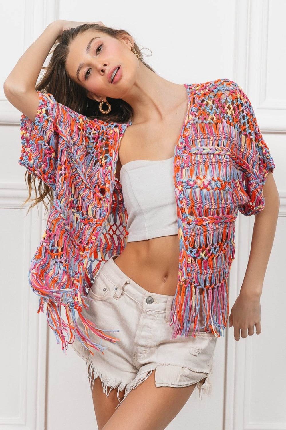 BiBi Open Front Fringed Crop Knit Cardigan for a perfect OOTD – dress to impress outfits from Amexza