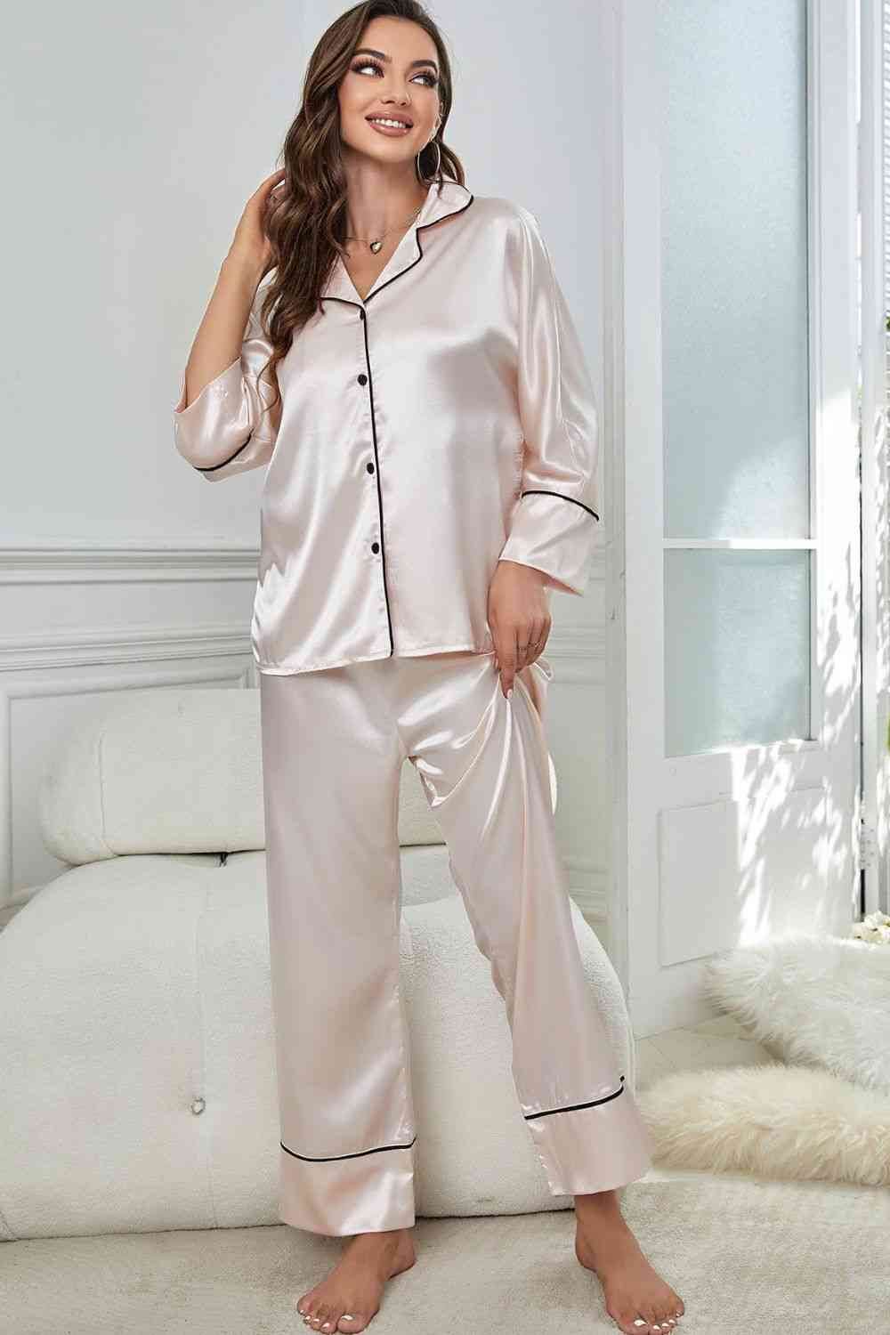 Contrast Piping Button-Up Top and Pants Pajama Set for a perfect OOTD – dress to impress outfits from Amexza