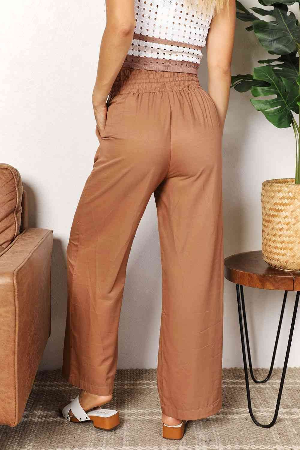 Double Take Drawstring Smocked Waist Wide Leg Pants for a perfect OOTD – dress to impress outfits from Amexza