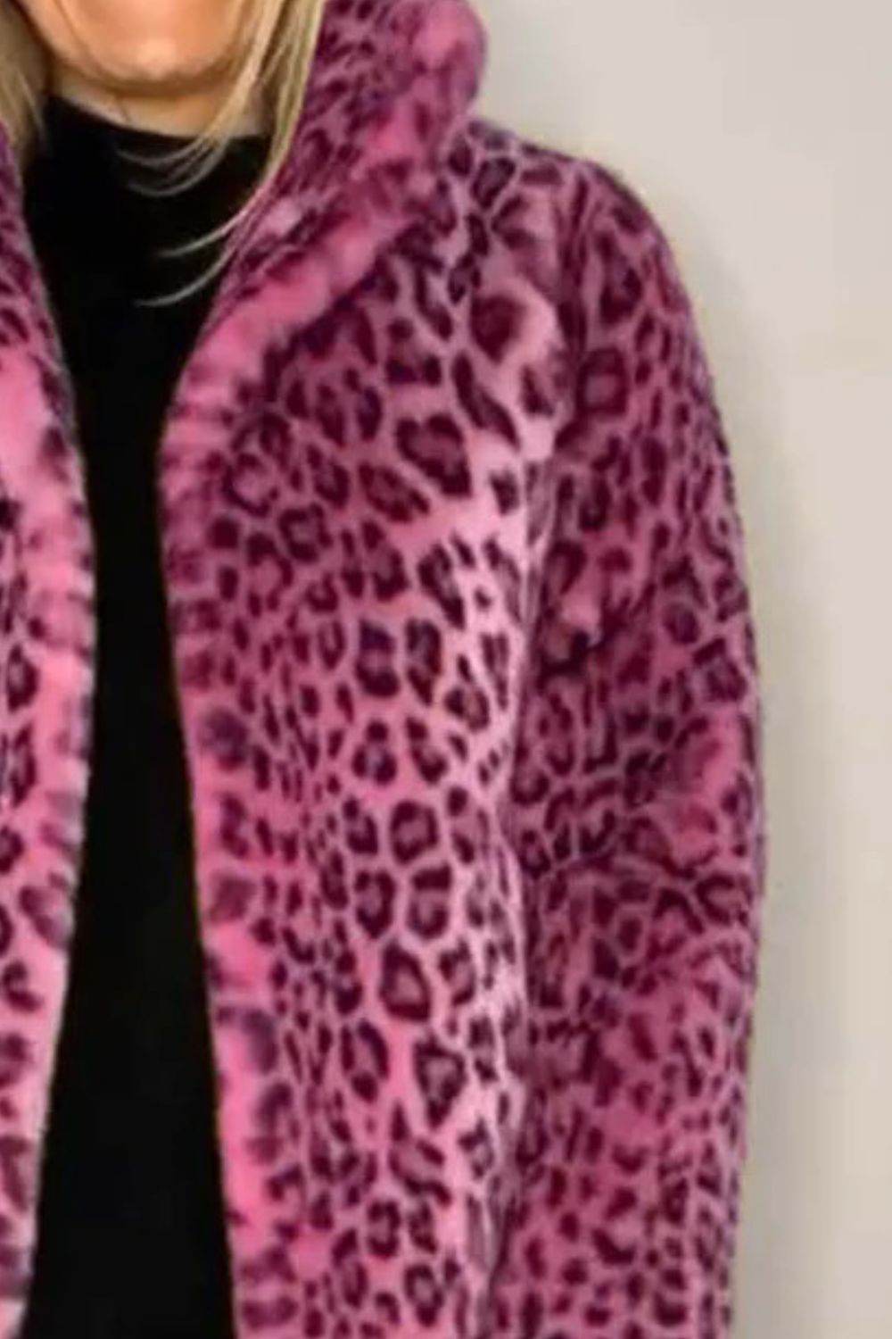 Full Size Leopard Furry Collared Neck Long Sleeve Coat - Amexza