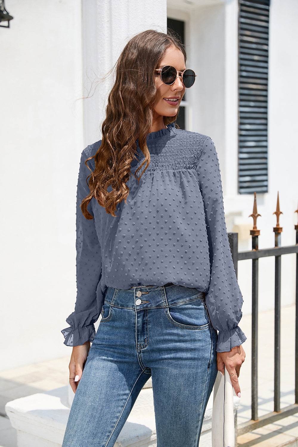 Smocked Mock Neck Swiss Dot Top Dusty Blue for a perfect OOTD – dress to impress outfits from Amexza