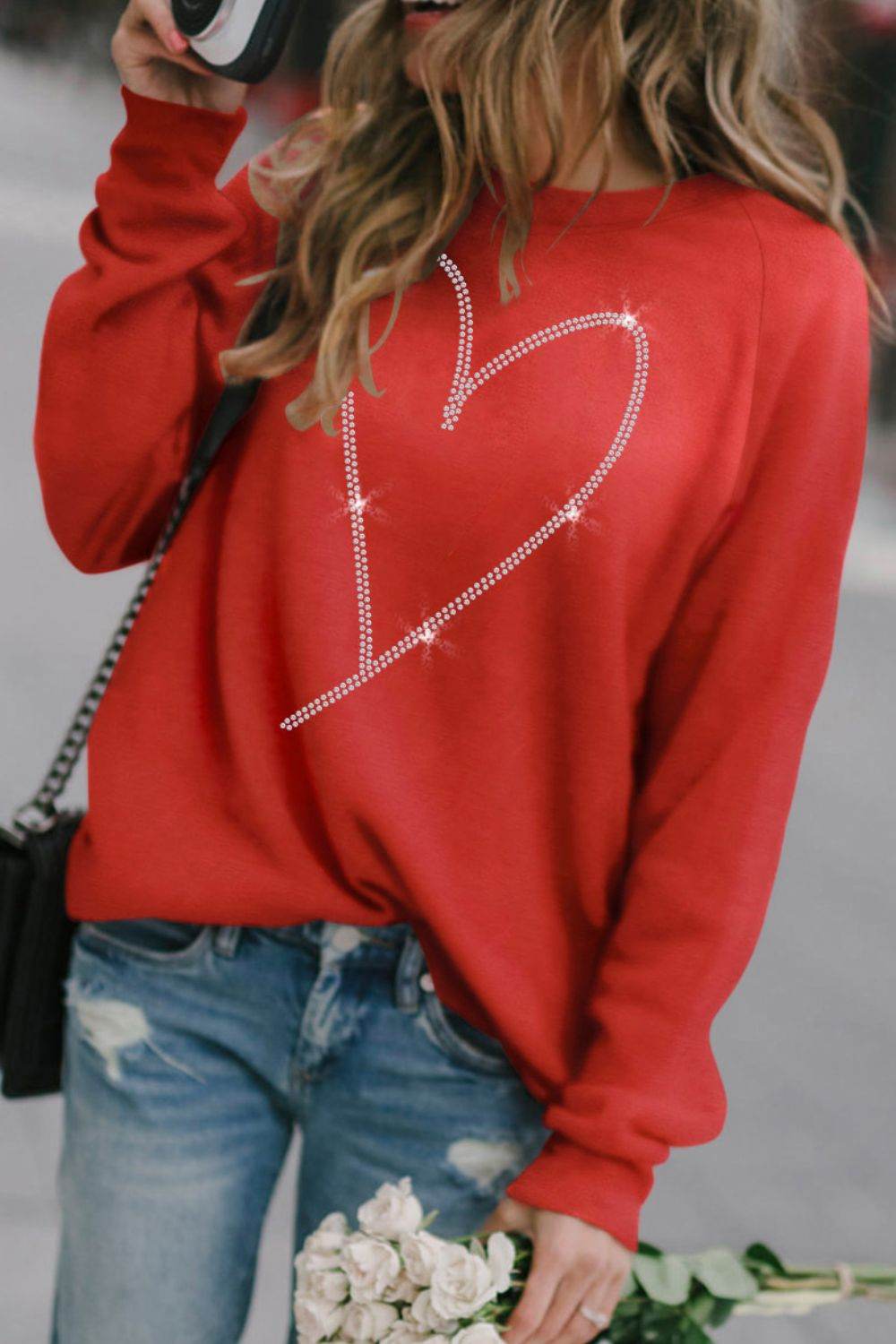 Valentine's Day Rhinestone Heart Long Sleeve Sweatshirt - Amexza