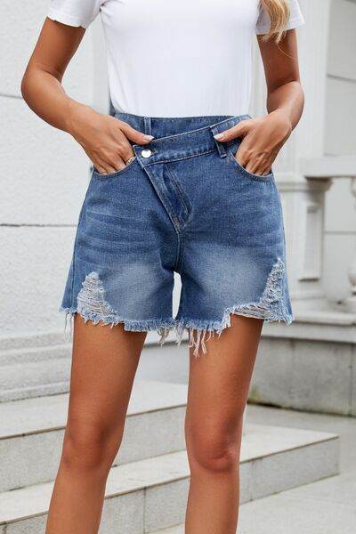 Distressed Raw Hem Asymmetric Waist Denim Shorts Dusty Blue for a perfect OOTD – dress to impress outfits from Amexza